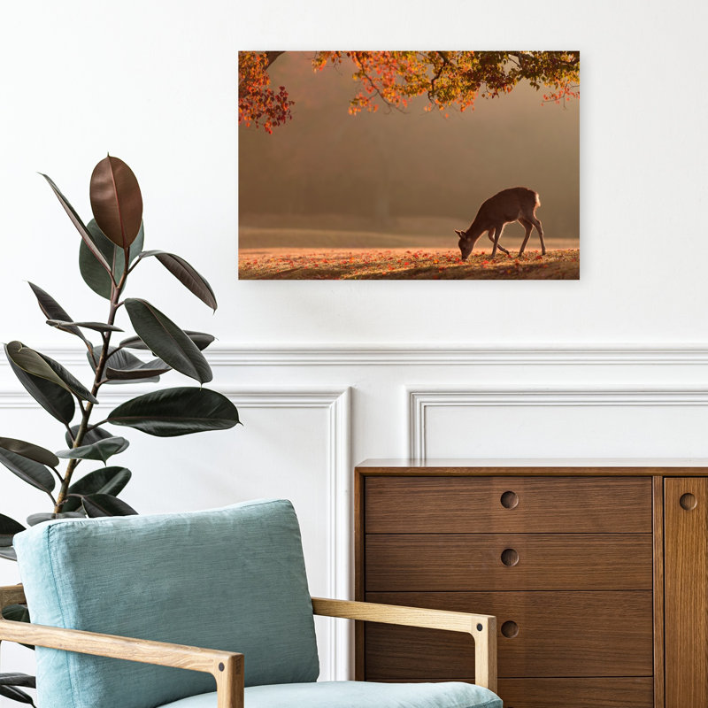 Deer In Autumn Peaceful Serene Tranquil Deer Autumn Forest Wall Art Print 1 Piece Wrapped Canvas Wall Art