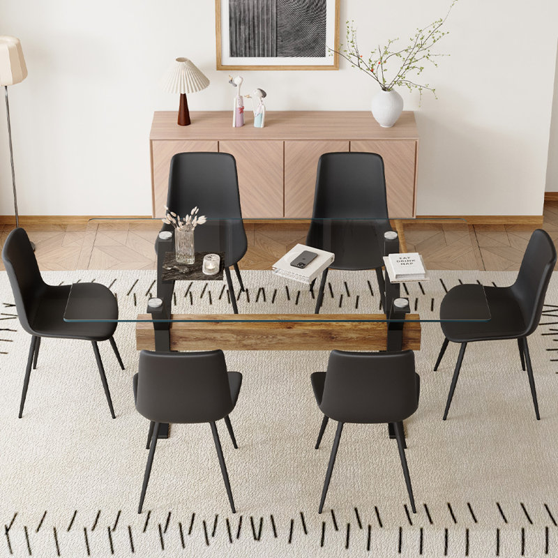 7-Piece Glass Top Dining Table Sets, Black