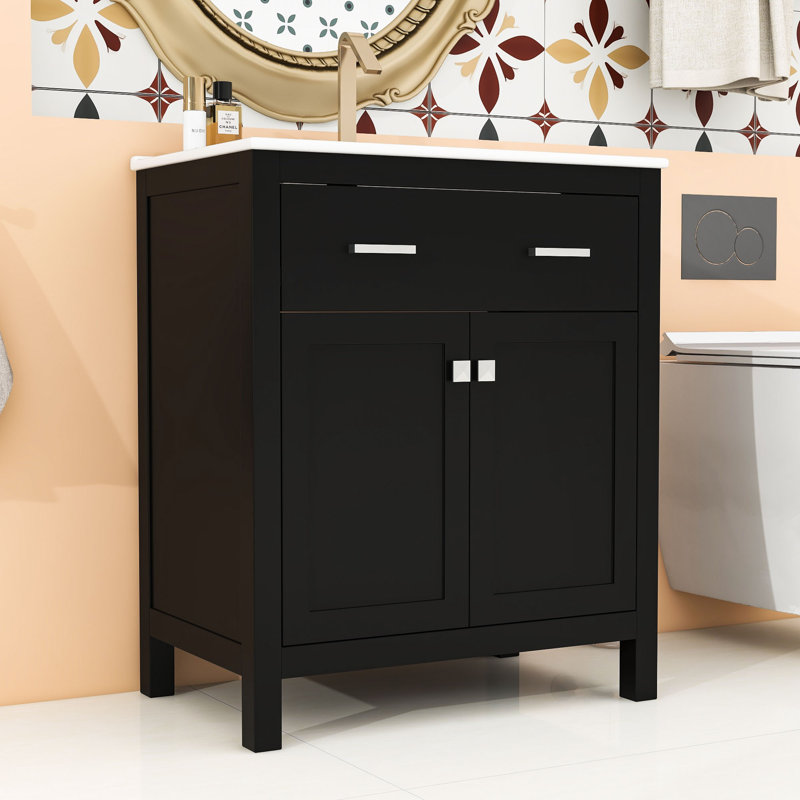 Meuble-lavabo de salle de bain avec lavabo en céramique, 2 portes, une tablette et des portes à fermeture douce, Noir
