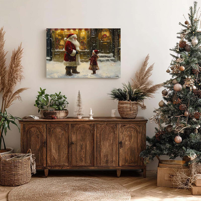 Santa and Little Girl on a Snowy Night Street Canvas 40x60cm