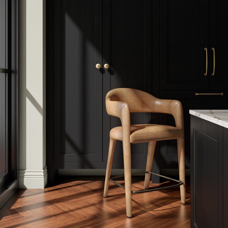 Tabouret rembourré Cathline, Tabouret de comptoir (siège d'une hauteur de 26,4, Cuir véritable brun