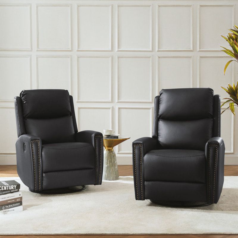Ramus 30.31'' Wide Genuine Leather Swivel Rocker Recliner Set of 2, Black