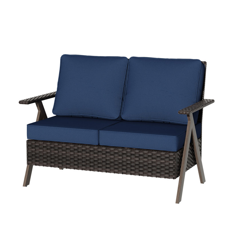 Outdoor Patio Rattan Loveseat with Durable All-weather Thick Blue Cushions, Blue