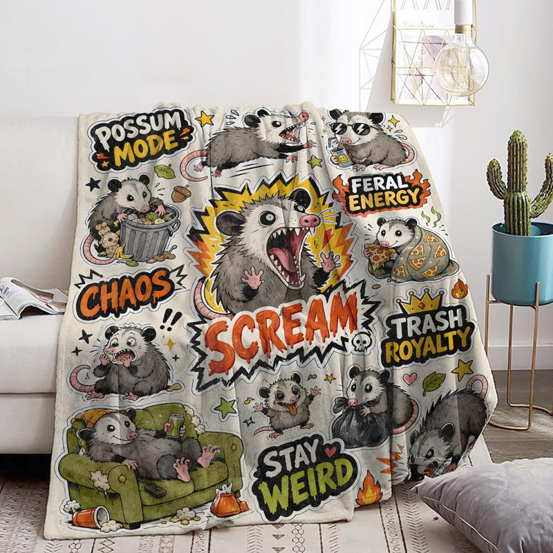 Couverture en flanelle à motif animal comique et humoristique, 152 x 203 cm (60 x 80 po), motif opossum, 152 x 203 cm (60 x 80 po)