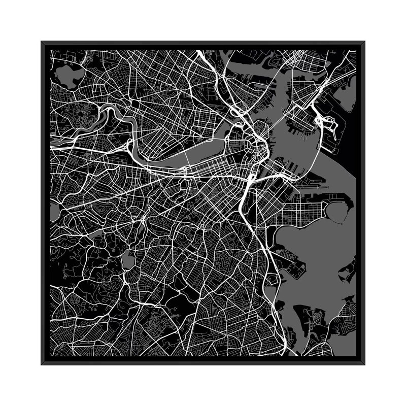 « boston urban routes map », impression sur toile tendue en noir, H 37 po x l 37 po x P 1,5 po, Toile avec cadre noir