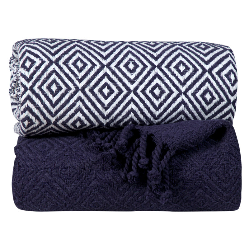  Jeté luxueux 100% coton, Bleu marine, Chevrons