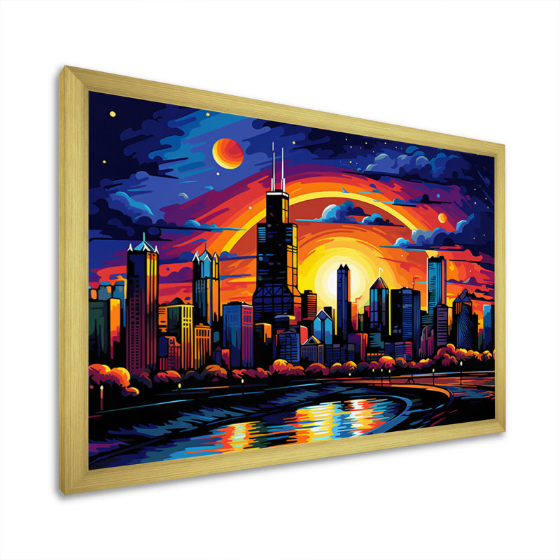 Chicago Popart I sur impression sur toile, H 34 po x l 44 po x P 1,5 po, Cadre doré à une seule photo