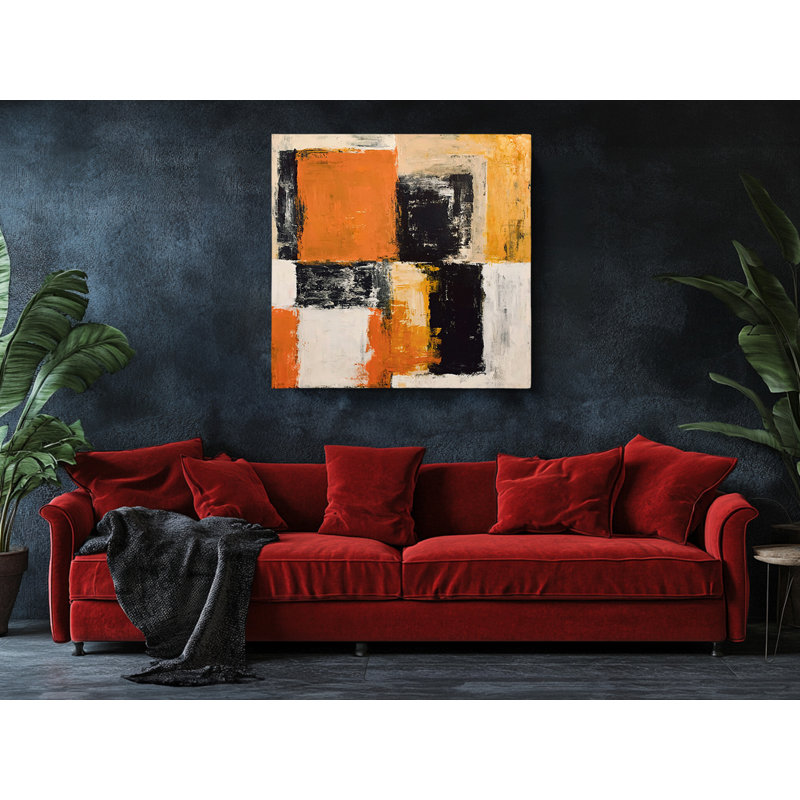 Abstrait géométrique, impression sur toile, peinture moderne texturée orange et noire, 40 po x 40 po