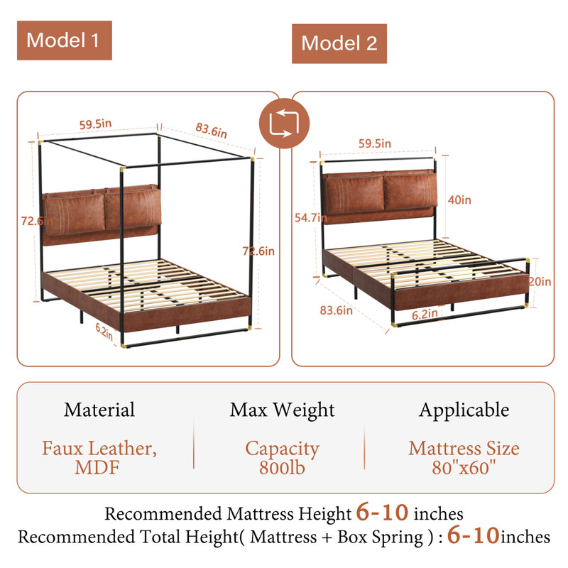 Upholstered Metal Canopy Bed, Queen, Brown
