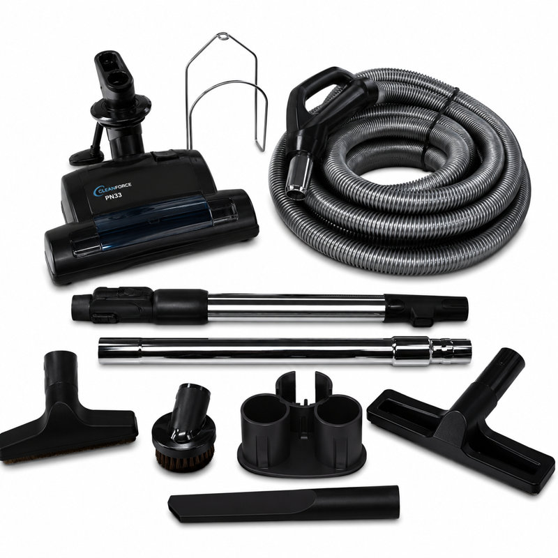 Ensemble CLEANFORCE KIT-PN22 : trousse de nettoyage central électrique pour aspirateur avec brosse motorisée PN22, tuyau électrique, tube télescopique et accessoires.