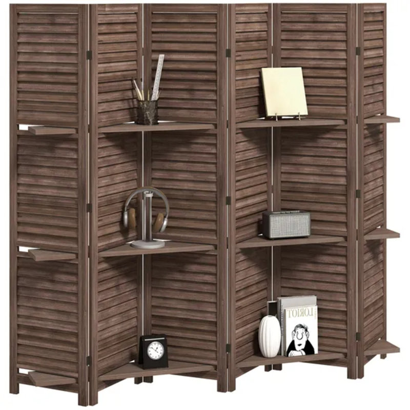 Paravent 6 panneaux en bois 6 panneaux avec 3 tablettes et rangement pliant pour la chambre à coucher, noyer