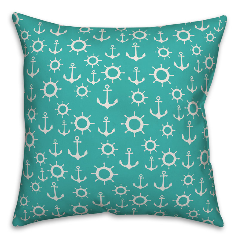  Coussin décoratif intérieur / extérieur Nautical Anchor, 16 po x 1 po, Firozi / blanc cassé, Polyester / Bourre en polyester