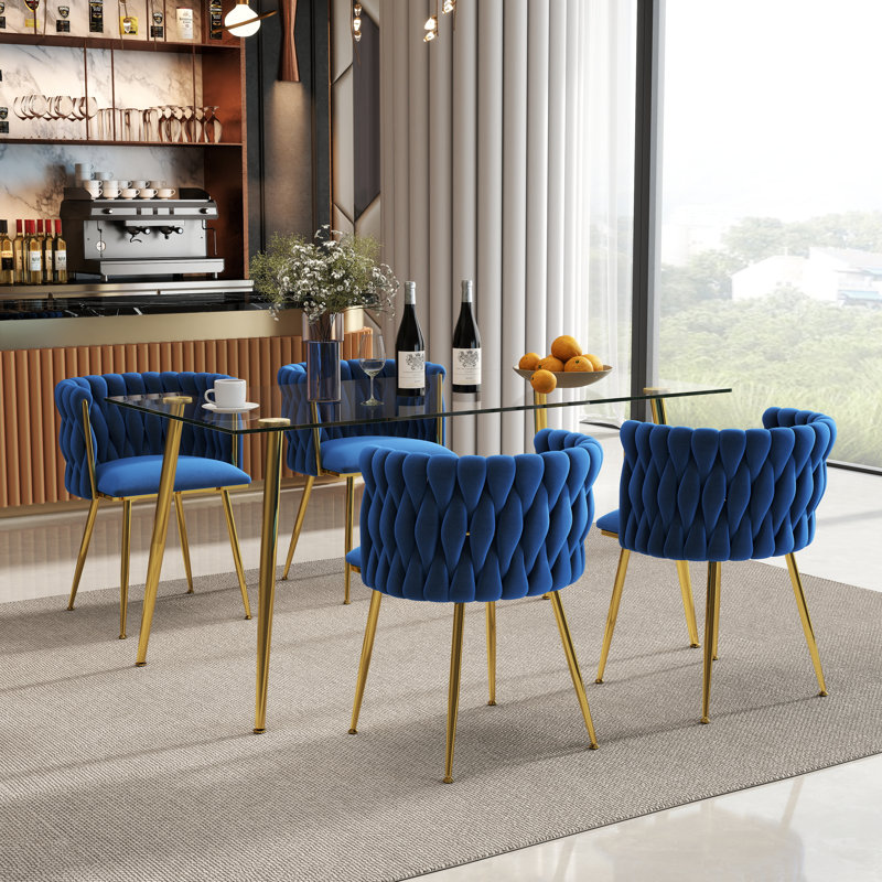 Ensemble de salle à manger rectangulaire moderne avec chaise rembourrée, 5 pièces: table, 4 chaises, Bleu / doré, Doré