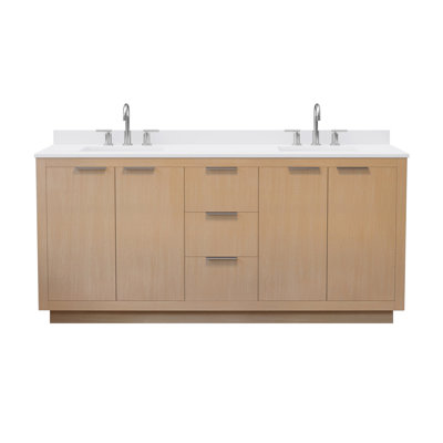 Maroni 72 Inch Double Bathroom Vanity in Light Straw, Carrara Cultured Marble Countertop, Undermount Square Sinks (3-Hole), Brushed Nickel Trim