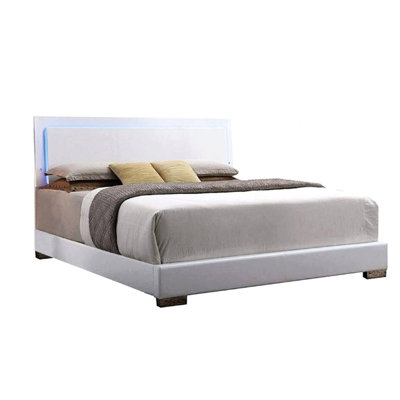 White Synthetic Leather Bed With Led Lights Function, Straight Legs, High Gloss Padded Headboard, Low Profile , 3 Slats And Box Spring Required, 660Lbs Capacity, 49In Height Faux Panel Functionality,