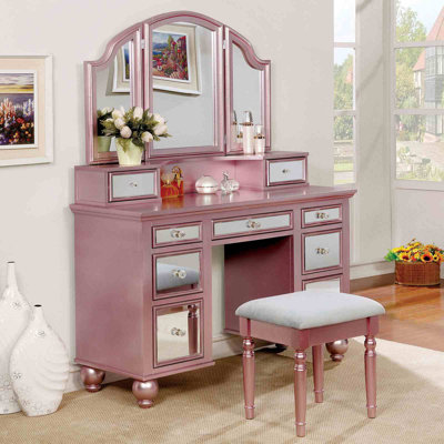 Ensemble de coiffeuse transitionnelle en or rose avec tabouret: poignées à poignées, tiroirs de rangement et miroir à 3 côtés