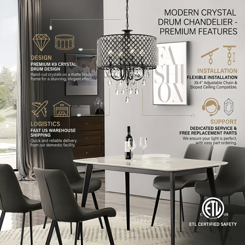 Camryn 4-Light Dimmable Crystal Drum Chandelier