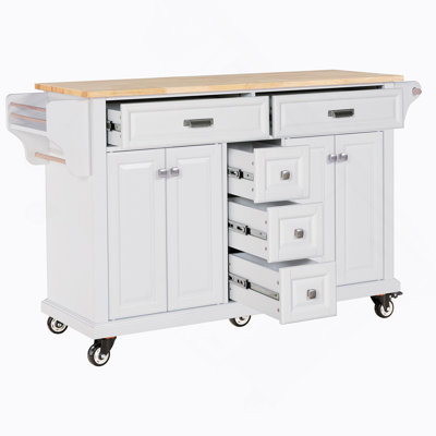 Kitchen Island With Rubber Wood Countertop, Kitchen Cart On 5 Wheels With Storage Cabinet