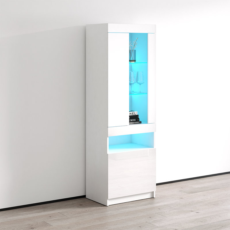 Camberlynn 23.6" Bookcase with 16-Color LED Lighting, High Gloss Finish, White