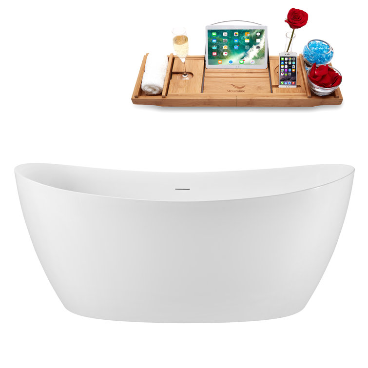 68.5" Streamline Soaking Glossy White Freestanding Tub and Tray With Internal Drain