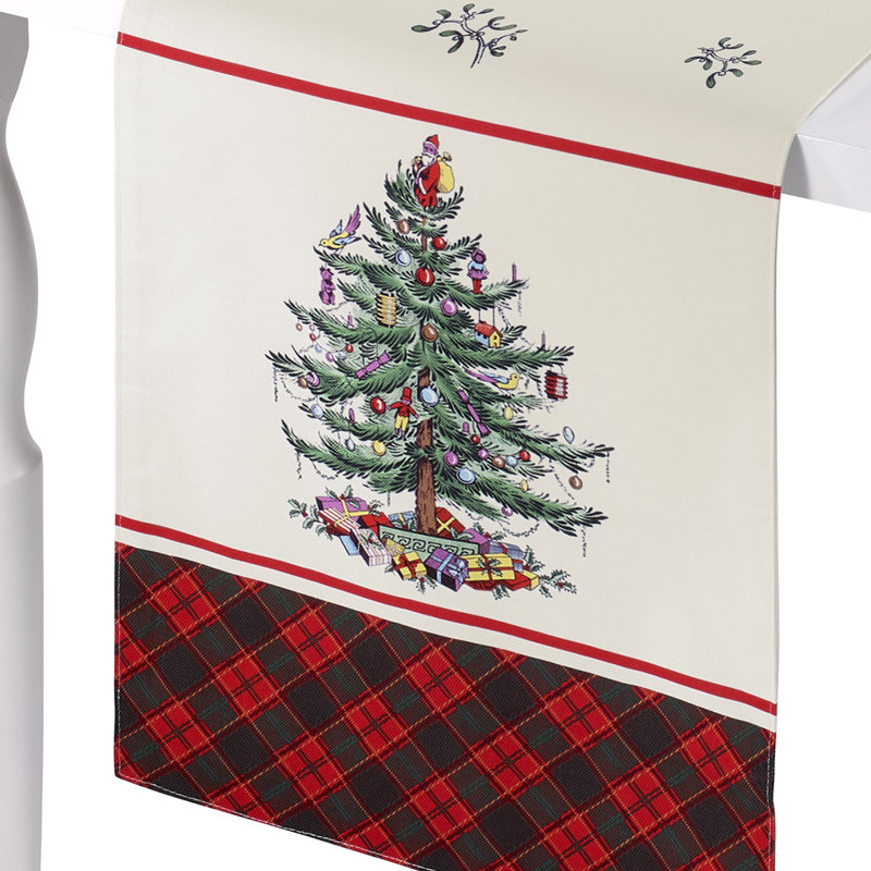Off-White Christmas Tree Tartan Polyester Table Runner