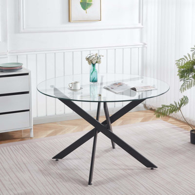 Round Dining Table with cross metal leg and tempered glass