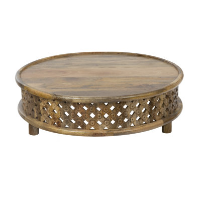 Handcrafted Round Mango Wood Coffee Table with Carved Lattice Base, 36" Wide, Natural Finish