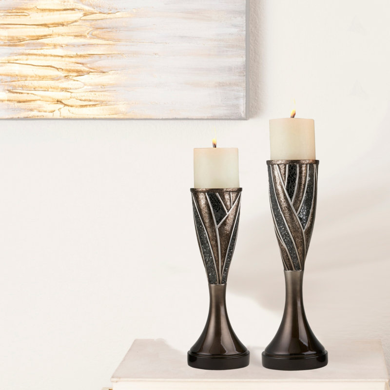 Porte-bougie 12 "et 14" de haut "Lelei", finition argentée et bronze (ensemble de 2)