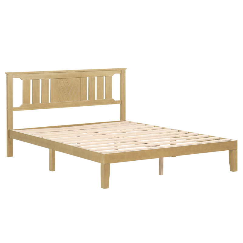 Structure de lit plateforme en bois de pin massif avec tête de lit HarborCraft - Finition bois naturel, Beige, Grand lit