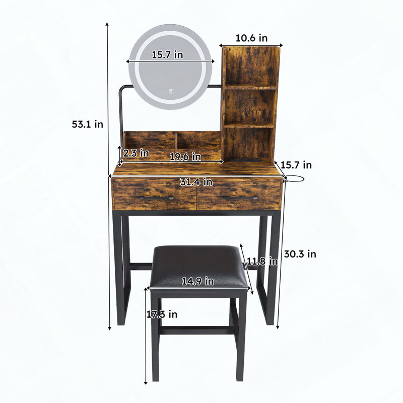 Coiffeuse de maquillage avec lumières DEL, prise de courant, 2 tiroirs et fauteuil en métal
