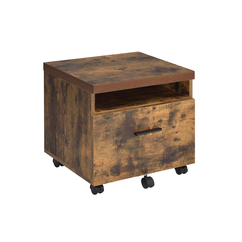 Classeur en chêne patiné avec pieds en métal noir - rectangulaire, assemblé, plateau en bois, pieds, rangement à compartiments verrouillables, serrure et tiroir