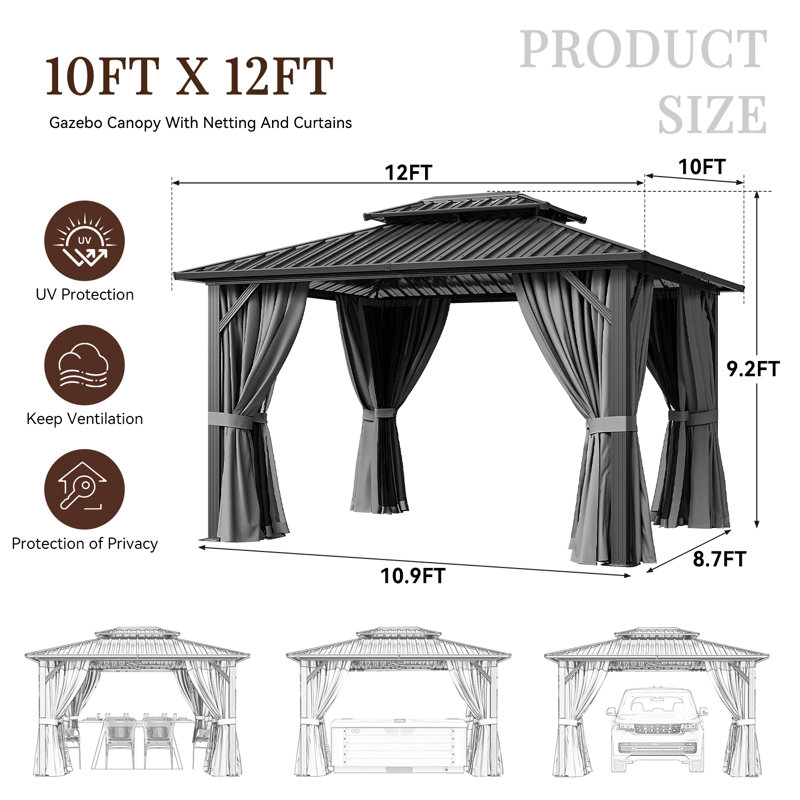 12 Ft. W X 10 Ft. D Metal Patio Gazebo, 12 Ft. W x 10 Ft. D