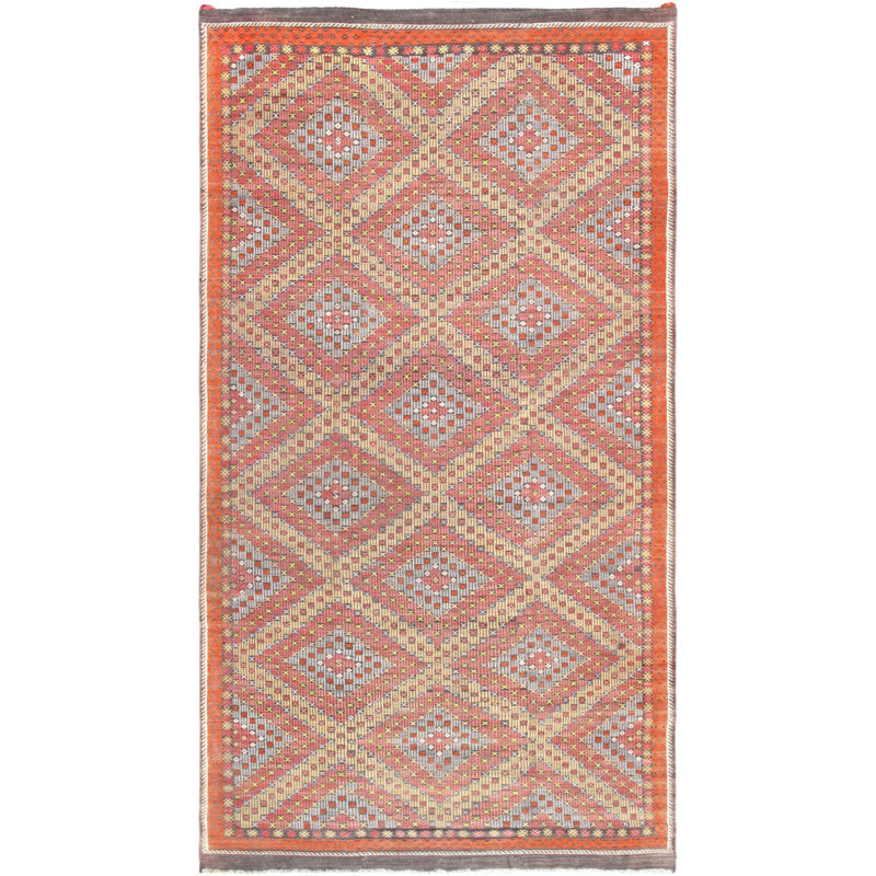 Tapis jaune / bleu / corail en coton / laine à motif géométrique tissé à plat à la main 6 pi 3 po x 11 pi 3 po