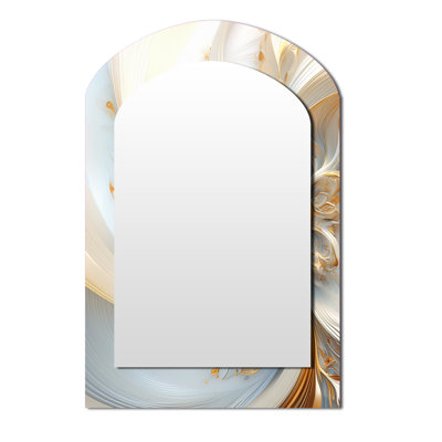Whirling While Glam Fractals In Gold And White I - Fractals Asymmetrical Large Mirror, Modern Arch Decorative Wall Mirror, Printed Metal Art