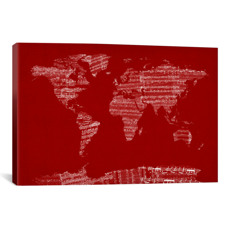 « world map sheet music » par michael tompsett, impression sur toile rouge, H 26 po x l 40 po x P 1,5 po, Toile tendue