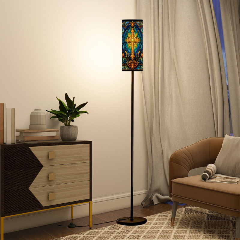 Lampe sur pied de 68,5 po PeeNoke ornée de vitrail orné d'un motif à croix en or bleu à motif à intensité variable avec abat-jour en lin DEL incluse