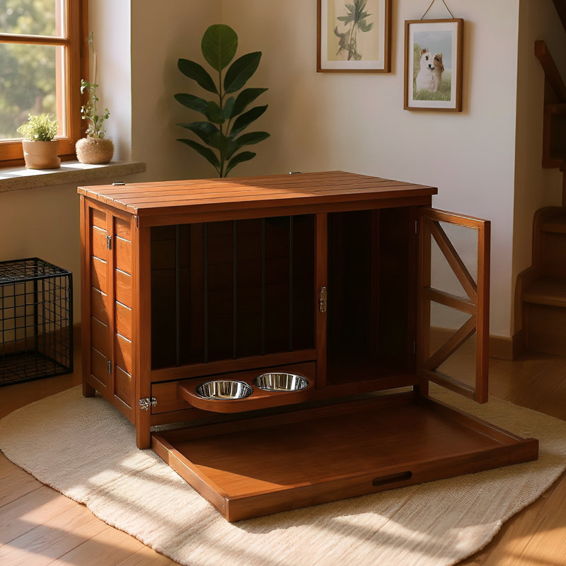 Cage pour chien moderne en bois massif 33 po, chenil pliable avec mangeoire pivotante à 360 ° pour coller votre chenil en noyer, articles de décoration rotatifs à capacité de poids élevée