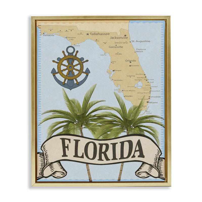 Cadre flottant de carte de Floride avec palmiers, design par Marcus Prime, H 31 po x l 25 po, Cadre flottant métallique doré