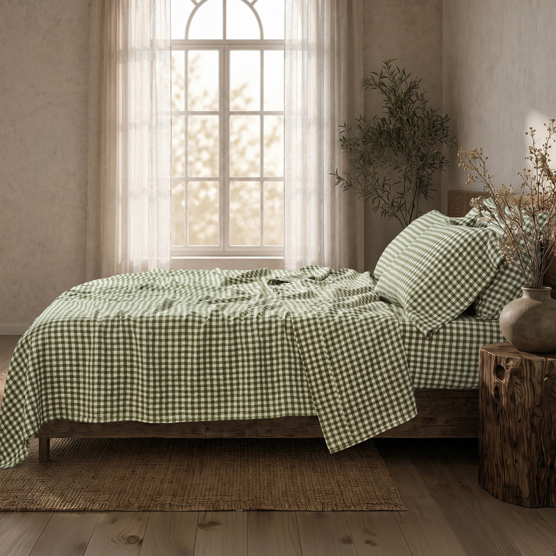 Ensemble de draps EverGrace 100 % lin européen, Grand lit, Vichy vert olive