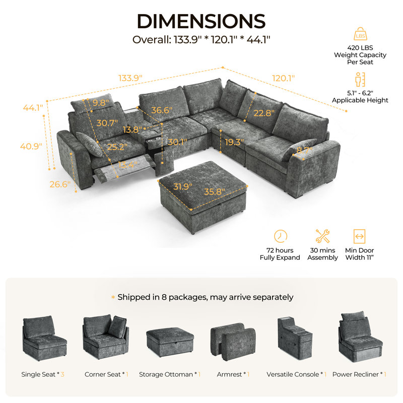 6-seater Oversized Modular Sofa Comfy Cloud Couch With Storage, Chenille Deep Convertible Sectional Sleeper Sofa Bed, Pet Friendly Covers Washable With Ottomans