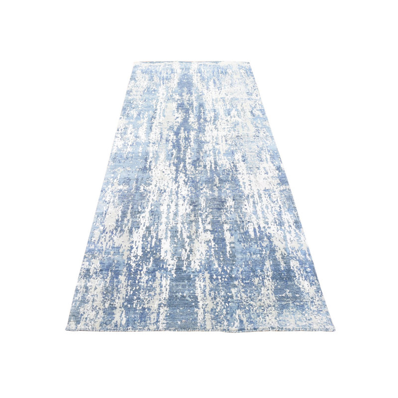 Tapis de couloir bleu 4 pi 1 po x 10 pi 2 po en laine et en soie à motif abstrait noué à la main 2D93171941654C58A86EC8885F261EFC
