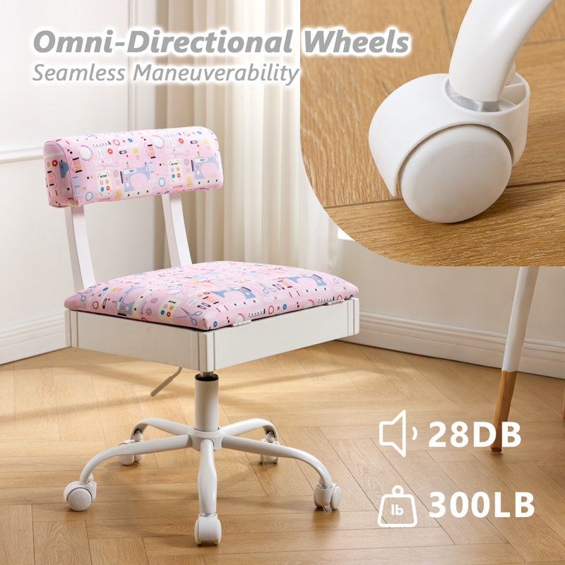 Adjustable Height Sewing Chair Crafting Chair with Back Support & Under Seat Storage for Craft Room Furniture and Sewing Machines,Pink
