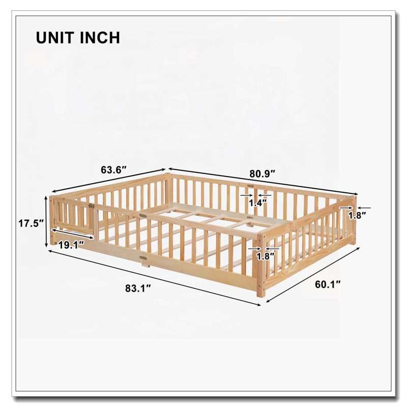 Lit plateforme en bois avec clôture et porte