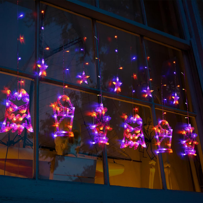 Guirlande de lumières d'Halloween pour la fenêtre, décorations d'Halloween mauve orange, pierre tombale et château, lumières de rideau suspendues d'intérieur à 183 lumières, télécommande, 8 modes de clignotant, Max Connect 2 ensembles