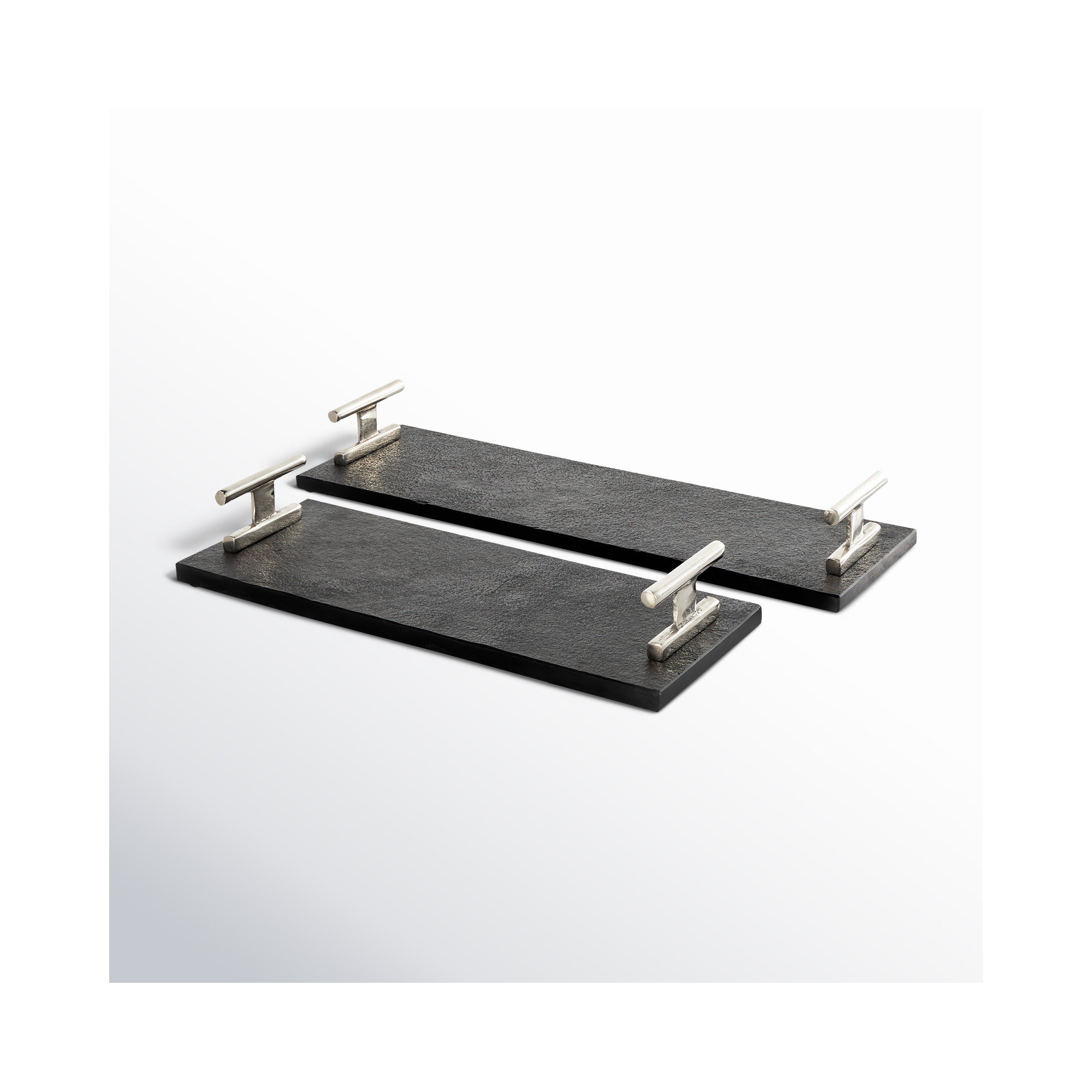Aedic Mable Tray - Set of 2, Silver/Black, 3.25"Hx6.9"Wx22.25"D & 3.3"Hx 7.1"Wx 18.35"D