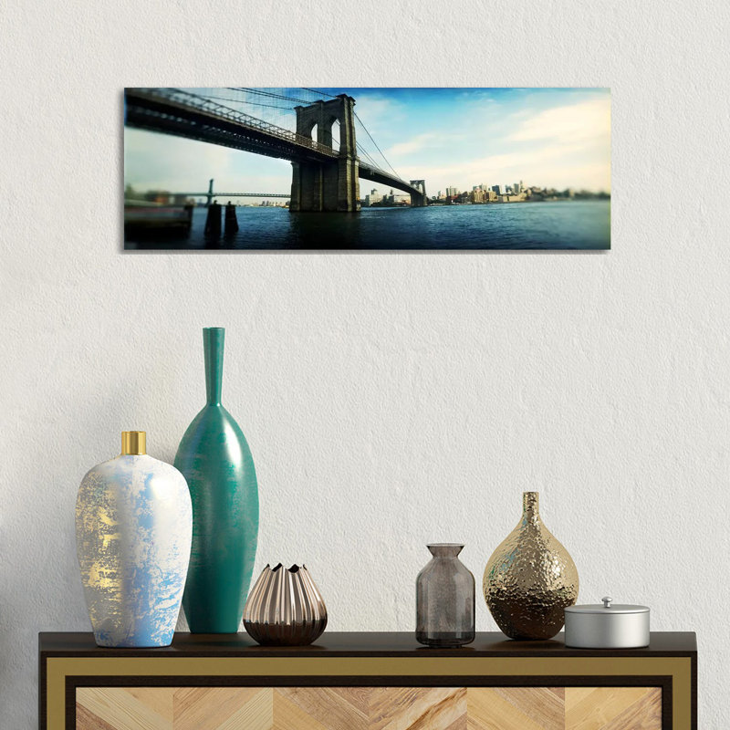 Bridge Across A River, Brooklyn Bridge, East River, Brooklyn - Wrapped Canvas Panoramic Print