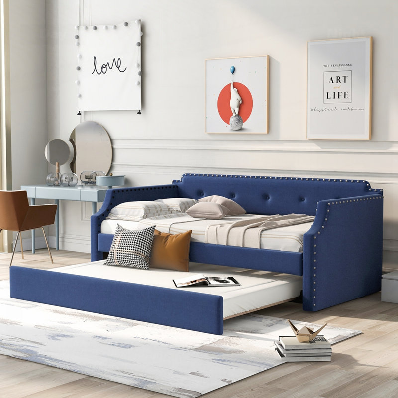 Upholstered Daybed With Trundle With Wood Slat Support, Blue