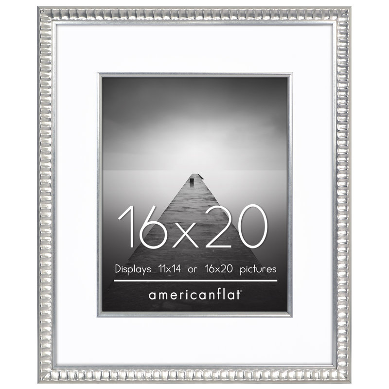 Cadre photo argenté avec passe-partout décoratif - verre incassable et support à chevalet, L 16 po x H 20 po