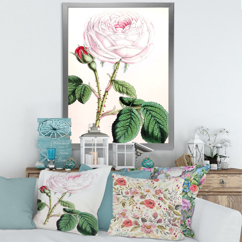 Fleur rose rétro - peinture sur toile, Cadre photo argenté, H 32 po x l 16 po x P 1 po