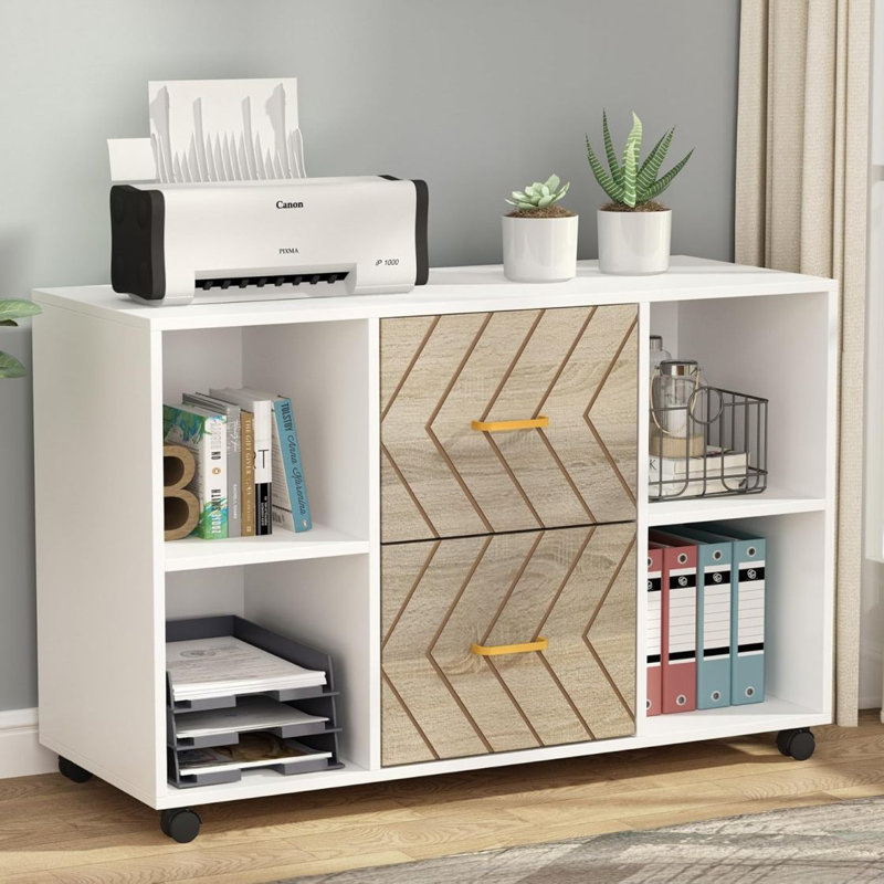 39.37-Inches Large Mobile Lateral File Cabinet With 2 Drawers, Printer Stand & Storage Shelves, Rolling Filing Cabinet For Letter Size, White Home Office Storage, White & Walnut Finish